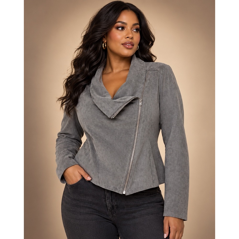 BLANKNYC Womens Grey Faux Suede Asymmetrical Zip Moto Jacket XL